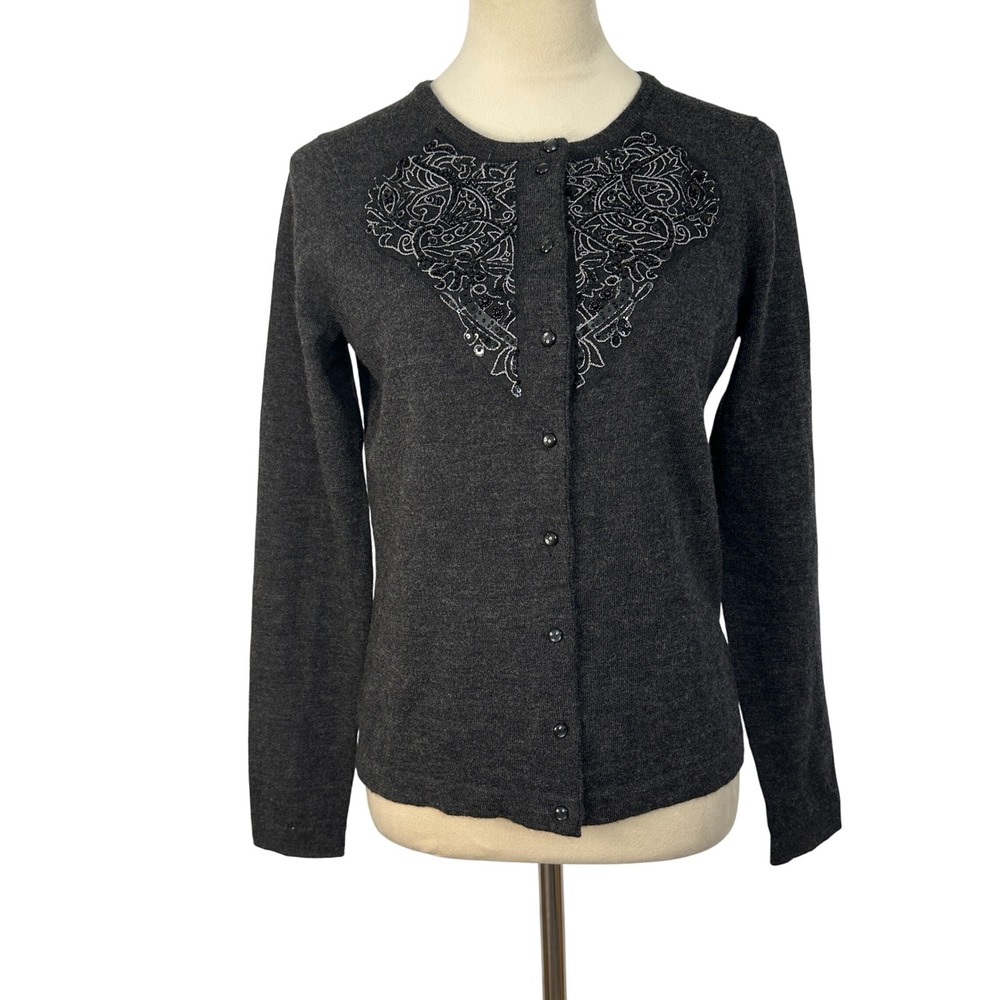 Cynthia Rowley Merino Wool‎ Cardigan Gray Beaded Embellished Sweater Women Small